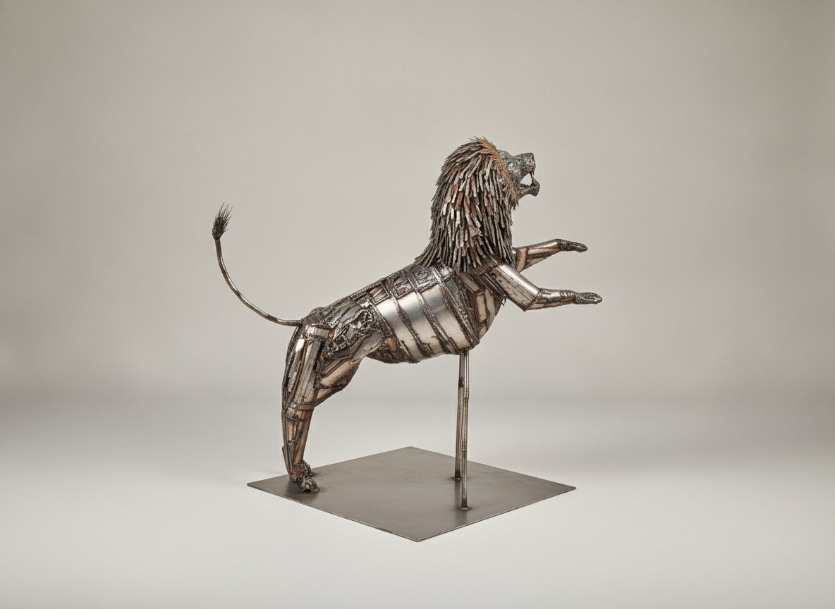 Studio photograph of the welded steel lion sculpture on its steel base